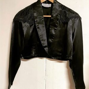 Black Satin Cropped Blazer with Lace Detailing